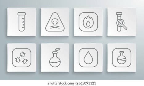 Set line Bacteria, Triangle warning toxic, Plant breeding, Water drop, Test tube and flask, Fire flame,  and  icon. Vector