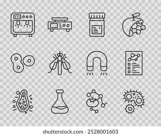 Definir linha Bactérias, Vírus, Frasco com aditivos, Tubo de ensaio e frasco, Caixa de biossegurança, Inseto experimental, Alimentos geneticamente modificados e ícone de registro clínico. Vetor