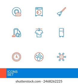 Fijar la línea Bacterias, gota de agua, reloj, refrigerador, aspiradora, ropa de secado, manija la escoba y el icono de lavadora. Vector