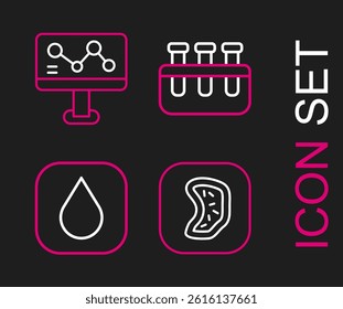 Set line Bacteria, Water drop, Test tube and flask and Chemical formula icon. Vector