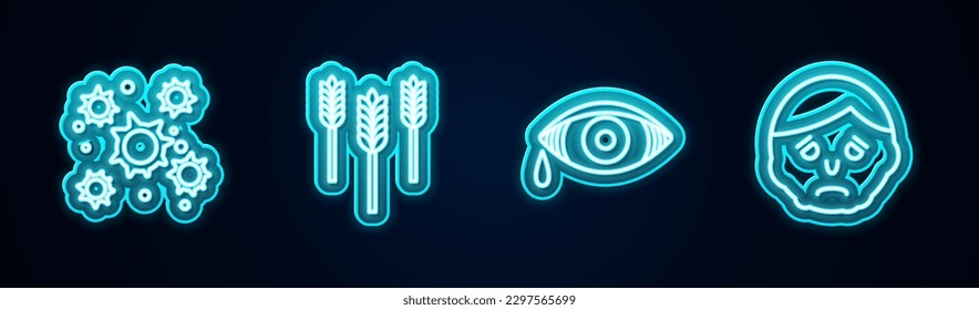 Set line Bacteria, Wheat, Reddish eye allergic conjunctivitis and Inflammation face. Glowing neon icon. Vector