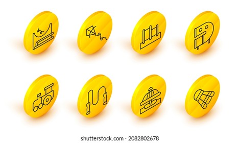 Set line Badminton shuttlecock, Attraction carousel, Jump rope, Toy train, Kid playground slide pipe, Horizontal bar, Kite and Skate park icon. Vector