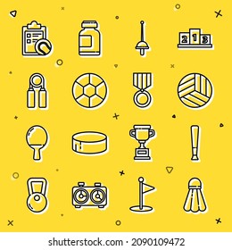 Set line Badminton shuttlecock, Baseball bat, Volleyball, Fencing, Football, Sport expander, Checklist clipboard tennis and Medal icon. Vector