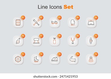 Set line Badminton shuttlecock, Bodybuilder showing his muscles, Racing helmet, Skates, Soccer football ball, Smart watch with heart, American goal post and Punching bag icon. Vector