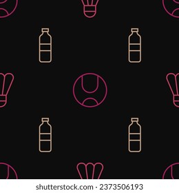 Set line Badminton shuttlecock, Bottle of water and Tennis ball on seamless pattern. Vector