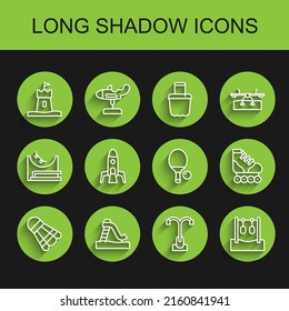 Set line Badminton shuttlecock, Kid slide, Sand tower, Street light, Gymnastic rings, Rocket ship, Roller skate and Racket ball icon. Vector