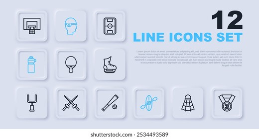 Set line Badminton shuttlecock, Medal, Racket, Kayak and paddle, Fitness shaker, Fencing, Baseball helmet and bat with icon. Vector