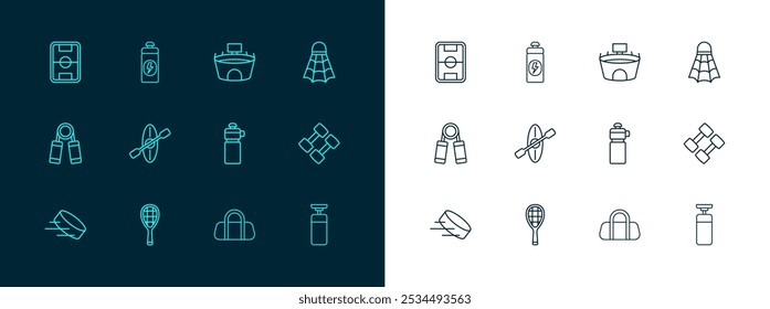 Set line Badminton shuttlecock, Tennis racket, Fitness shaker, Sport bag, Kayak and paddle, Stadium, Football field and  icon. Vector