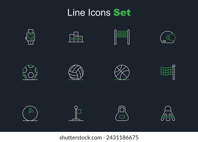 Set line Badminton shuttlecock, Weight, Flag, Bowling ball, Checkered flag, Basketball, Volleyball and Soccer football icon. Vector