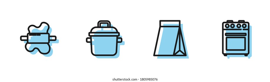 Set line Bag of coffee beans, Rolling pin on dough, Cooking pot and Oven icon. Vector