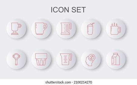 Set line Bag of coffee beans, Coffee filter holder, Electric kettle, Barista, Irish, cup, Glass with water and Jug glass icon. Vector