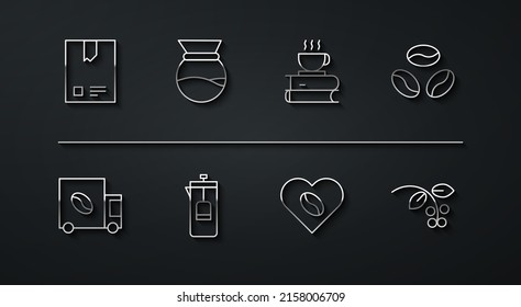 Set line Bag of coffee beans, Coffee street truck machine, Lovers, French press, Pour maker, bean, branch and cup and book icon. Vector