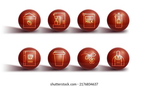Set line Bag of coffee beans, Coffee book, French press, bean, branch, cup to go, machine, Barista and Paper package for milk icon. Vector