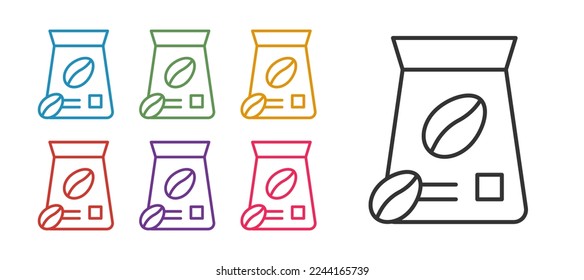 Set line Bag of coffee beans icon isolated on white background. Set icons colorful. Vector