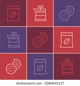 Fijar la línea Bolsa de granos de café, galleta o galleta e icono de prensa francesa. Vector