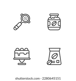 Set line Bag of coffee beans, Cake, Coffee filter holder and jar bottle icon. Vector