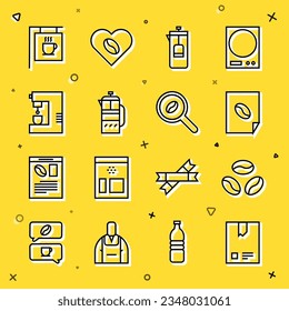 Set line Bag of coffee beans, Coffee, poster, French press, machine, Street signboard and Selection icon. Vector