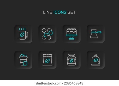 Fijar la línea Bolsa de granos de café, Frasco de café, Helado, turco, Pastel, Cubos de azúcar e icono de taza. Vector