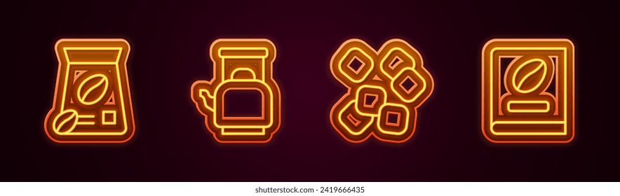 Set line Bag of coffee beans, Kettle with handle, Sugar cubes and Coffee book. Glowing neon icon. Vector