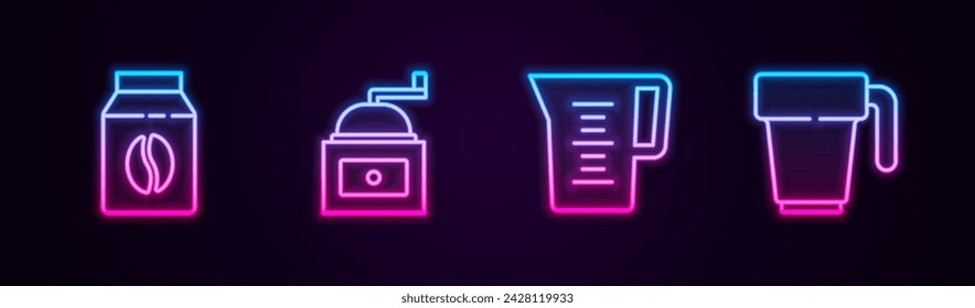 Set line Bag of coffee beans, Manual grinder, Jug glass with water and Coffee cup. Glowing neon icon. Vector