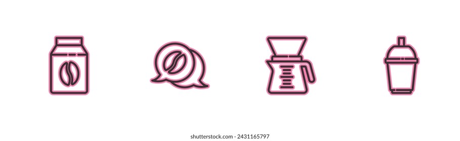Set line Bag of coffee beans, Pour over maker, Coffee and conversation and cup to go icon. Vector