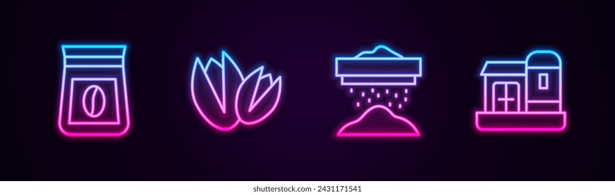 Set line Bolsa de granos de café, nueces de pistacho, harina de tamizado y casa de campo. Icono de neón brillante. Vector