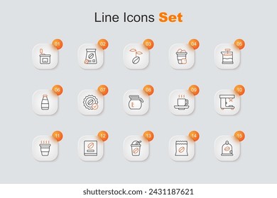 Set line Bag of coffee beans, Iced, Coffee book, cup to go, machine,  and pot icon. Vector