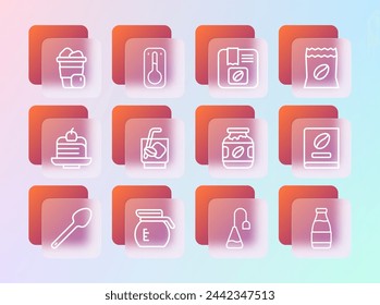 Set line Bag of coffee beans, Coffee pot, jar bottle, Tea bag, Espresso tonic, Iced and thermometer icon. Vector