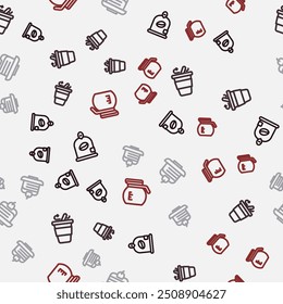 Set line Bag of coffee beans, Coffee cup to go, Piece cake and pot on seamless pattern. Vector