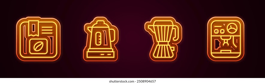 Set line Bag of coffee beans, Electric kettle, Coffee maker moca pot and machine. Glowing neon icon. Vector