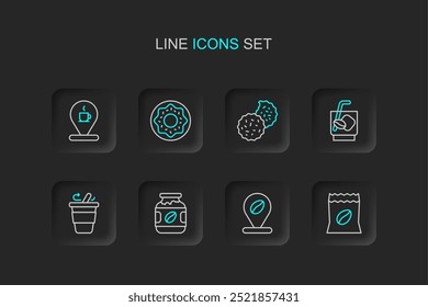 Set line Bag of coffee beans, Location with, Coffee jar bottle, cup to go, Espresso tonic, Cookie or biscuit, Donut and  icon. Vector