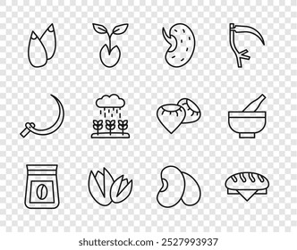 Set line Bag of coffee beans, Bread loaf, Seed, Pistachio nuts, Plant sprouts grow in the rain, Beans and Mortar and pestle icon. Vector