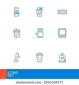 Set line Bag of coffee beans, Coffee cup to go, Tea bag, Electronic scales, Iced, Kettle with handle, Candy and  icon. Vector