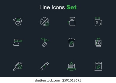 Set line Bag of coffee beans, Piece cake, Sugar stick packets, Spatula with grain, Espresso tonic, Coffee cup go,  and turk icon. Vector