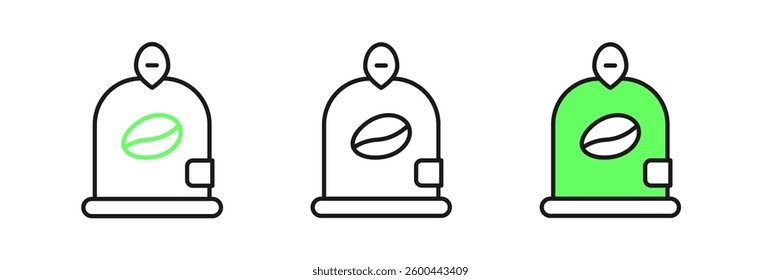 Set line Bag of coffee beans icon isolated on white background.  Vector