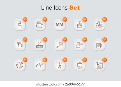 Set line Bag of coffee beans, Iced, Coffee, Cookie or biscuit, Donut, cup, turk and filter holder icon. Vector