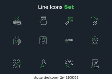 Set line Bag of coffee beans, Coffee, Tea bag, Sugar cubes, Location with, filter holder, machine and cup icon. Vector