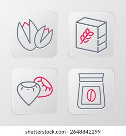 Set line Bag of coffee beans, Seed, Flour pack and Pistachio nuts icon. Vector