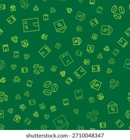 Set línea Bolsa de granos de café, café y en patrón sin fisuras. Vector