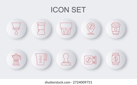 Set line Saco de grãos de café, Pote de moca café, Vidro com água, Placa de rua, V60 maker, Despeje, Vidro de jarro e ícone de tamper. Vetor