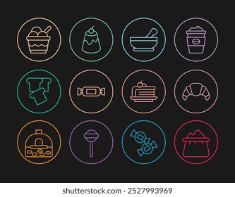 Set line Bag of flour, Croissant, Mortar and pestle, Candy, Bread toast, Ice cream in bowl, Piece cake and Pudding custard icon. Vector