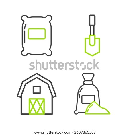 Set line Bag of flour, Farm House concept, Shovel and  icon. Vector