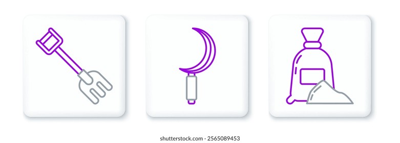 Set line Bag of flour, Garden rake and Sickle icon. Vector