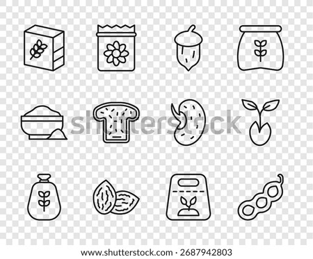 Set line Bag of flour, Green peas, Acorn, oak nut, seed, Seed, Flour pack, Bread toast, Pack full seeds plant and Sprout icon. Vector