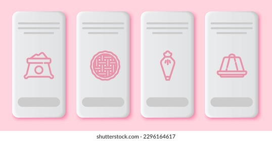 Set line Bag of flour, Homemade pie, Pastry bag and Pudding custard. White rectangle button. Vector