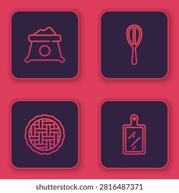 Set line Bag of flour, Homemade pie, Kitchen whisk and Cutting board. Blue square button. Vector