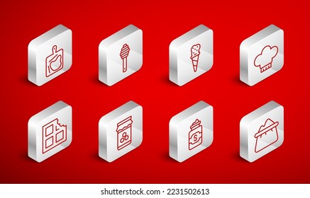 Set line Bag of flour, Honey dipper stick, Ice cream in waffle cone, Chef hat, Jar sugar, Cutting board, honey and Chocolate bar icon. Vector