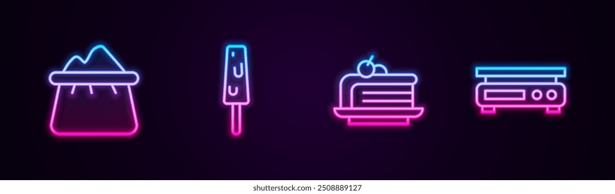 Set line Bag of flour, Ice cream, Piece cake and Electronic scales. Glowing neon icon. Vector