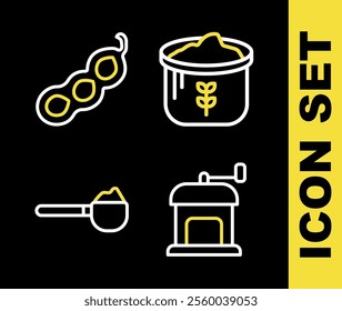 Set line Bag of flour, Manual coffee grinder, Measuring cup with and Green peas icon. Vector