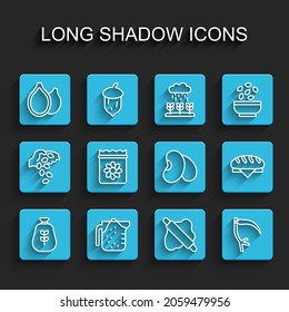 Set line Bag of flour, Measuring cup, Pumpkin seeds, Rolling pin on dough, Scythe, Pack full plant, Bread loaf and Beans icon. Vector